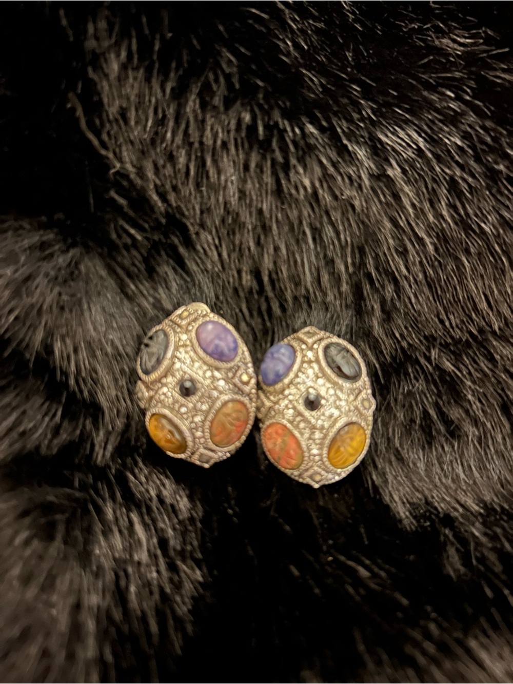 Vintage scarab Multistone Silver-Tone Dome Clip Earrings - Purple, Orange, Gray